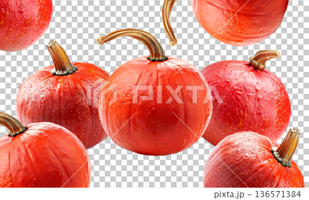 Set of fresh red pumpkins with water droplets isolated on white background. Concept of harvest, organic food, and autumn Set of fresh red pumpkins with water droplets isolated on white background. Concept of harvest, organic food, and autumn 136571384