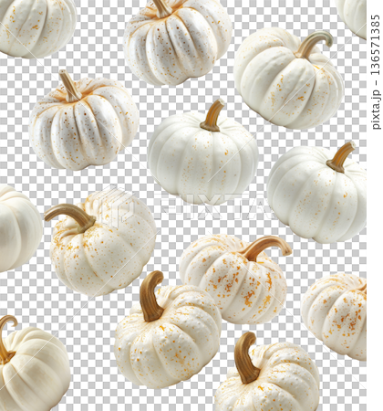 White mini pumpkins with natural stems and speckles, in a scattered layout isolated on white background. 136571385