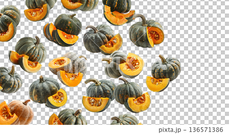 Assorted green and orange pumpkins scattered in a seamless pattern isolated on white background Assorted green and orange pumpkins scattered in a seamless pattern isolated on white background 136571386
