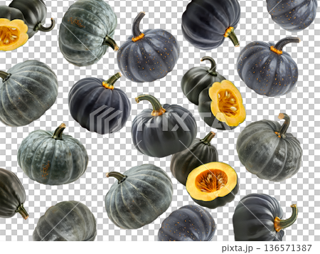 Assorted green and orange pumpkins scattered in a seamless pattern isolated on white background 136571387