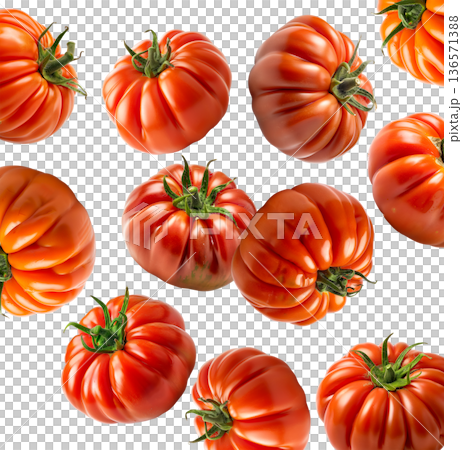 Multiple ripe heirloom tomatoes with ridged textures scattered and on a white background, natural food and healthy eating concept Multiple ripe heirloom tomatoes with ridged textures scattered and on a white background, natural food and healthy eating concept 136571388