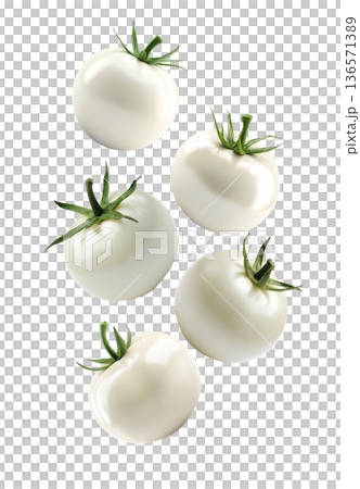 Multiple white tomatoes with green stems isolated on white background, representing freshness and uniqueness Multiple white tomatoes with green stems isolated on white background, representing freshness and uniqueness 136571389