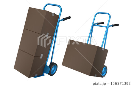 Set of Airport luggage cart or baggage trolley side with cardboard boxes or cartons 136571392