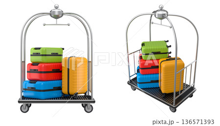 Set of Regular suitcase on hotel trolley cart for carrying baggage on white background 136571393