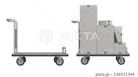 Set of Airport luggage cart or baggage trolley side with cardboard boxes or cartons 136571394