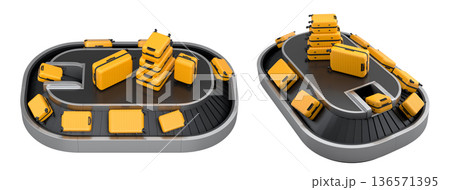 Set of Airport luggage conveyor belt or baggage claim area with suitcases on white. 136571395