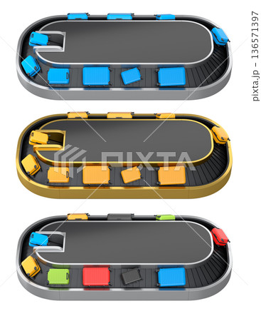 Set of Airport luggage conveyor belt or baggage claim area with suitcases on white. 136571397