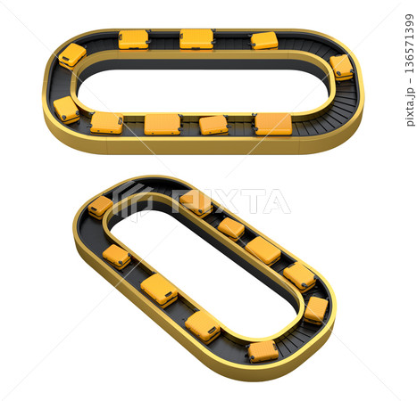 Set of Airport luggage conveyor belt or baggage claim area with suitcases on white. 136571399