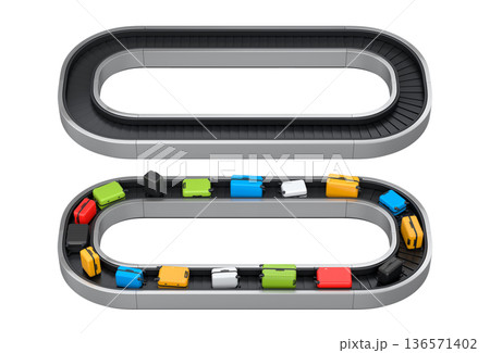 Set of Airport luggage conveyor belt or baggage claim area with suitcases on white. 136571402