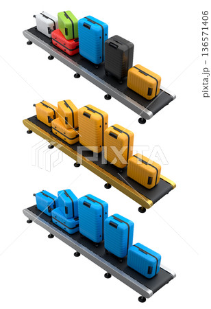 Set of Airport luggage conveyor belt or manufacture line with baggage on white. 136571406
