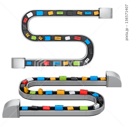 Set of Airport luggage conveyor belt or baggage claim area with suitcases on white. Set of Airport luggage conveyor belt or baggage claim area with suitcases on white. 136571407