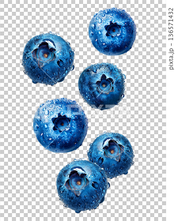 Close-up of fresh blueberries covered in water droplets, isolated on white background, concept of freshness and health Close-up of fresh blueberries covered in water droplets, isolated on white background, concept of freshness and health 136571432