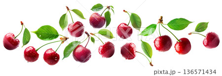Juicy red cherries with fresh green leaves and water droplets, isolated on a white background, concept of freshness 136571434