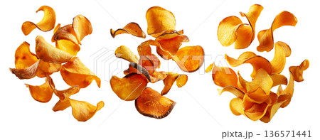 Kumara sweet potato chips isolated on white transparent background, representing healthy New Zealand snack food concept Kumara sweet potato chips isolated on white transparent background, representing healthy New Zealand snack food concept 136571441
