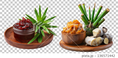 Pandanus fruit paste in wooden bowl with fresh pandanus leaves and fruit on wooden plate, isolated on white transparent background 136571442