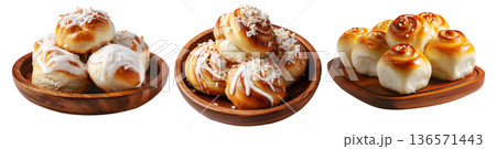 Panipopo sweet rolls baked in coconut milk with golden crust isolated on white background, concept of bakery and food freshness 136571443