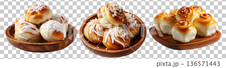 Panipopo sweet rolls baked in coconut milk with golden crust isolated on white background, concept of bakery and food freshness 136571443
