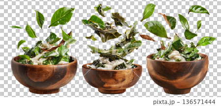 Rourou cooked taro leaves in creamy coconut milk, served in wooden bowl with garnishes, isolated on white background, Fiji cuisine Rourou cooked taro leaves in creamy coconut milk, served in wooden bowl with garnishes, isolated on white background, Fiji cuisine 136571444