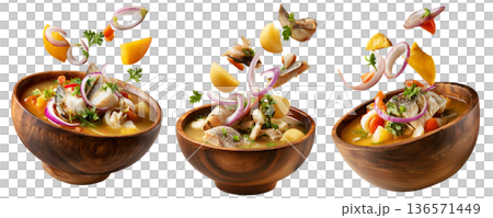 Ecuador encebollado fish seafood soup with onion, yuca, egg and herbs flying from wooden bowl, isolated on white background 136571449