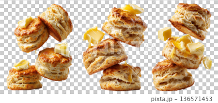 Buttermilk biscuits topped with syrup and butter, isolated on white background, concept of breakfast Buttermilk biscuits topped with syrup and butter, isolated on white background, concept of breakfast 136571453