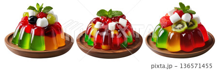 Bright red jelly salad dessert topped with fresh berries, mint leaves, marshmallows and candy isolated on white background Bright red jelly salad dessert topped with fresh berries, mint leaves, marshmallows and candy isolated on white background 136571455