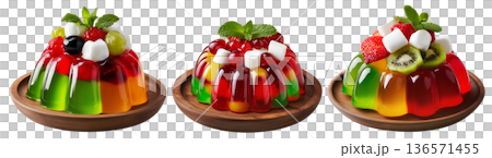 Bright red jelly salad dessert topped with fresh berries, mint leaves, marshmallows and candy isolated on white background Bright red jelly salad dessert topped with fresh berries, mint leaves, marshmallows and candy isolated on white background 136571455