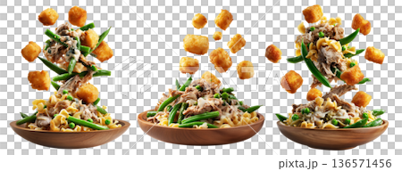 Bowls of green beans, crispy tater tots, and creamy tuna noodle casserole on wooden plate, isolated on white background 136571456