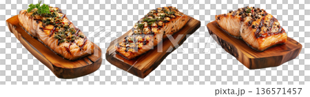 Grilled salmon steak topped with herbs and pepper, served on rustic wood board, isolated on white background, concept of seafood 136571457