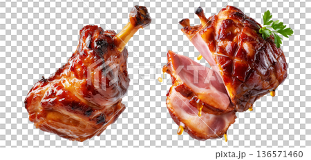 Maple Glazed roasted ham with charred edges, isolated on white transparent background, concept of tasty food Maple Glazed roasted ham with charred edges, isolated on white transparent background, concept of tasty food 136571460