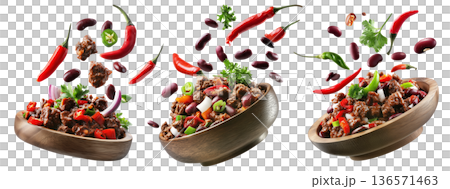 Southwest Tex-Mex Chili con carne beef chili stir-fry with or without beans isolated on white background, concept of hot cuisine Southwest Tex-Mex Chili con carne beef chili stir-fry with or without beans isolated on white background, concept of hot cuisine 136571463