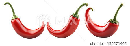 Glossy red chili pepper with a curved shape and green stem isolated on transparent background. Glossy red chili pepper with a curved shape and green stem isolated on transparent background. 136571465