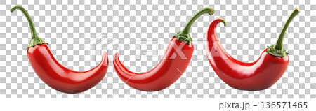Glossy red chili pepper with a curved shape and green stem isolated on transparent background. Glossy red chili pepper with a curved shape and green stem isolated on transparent background. 136571465