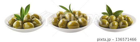 Green olives on a white plate with leaves, isolated on white transparent background, concept of healthy eating Green olives on a white plate with leaves, isolated on white transparent background, concept of healthy eating 136571466