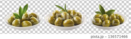 Green olives on a white plate with leaves, isolated on white transparent background, concept of healthy eating Green olives on a white plate with leaves, isolated on white transparent background, concept of healthy eating 136571466