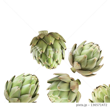 Fresh whole green artichokes isolated on white background, showcasing natural texture and detail, concept of healthy eating Fresh whole green artichokes isolated on white background, showcasing natural texture and detail, concept of healthy eating 136571472