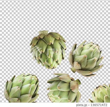 Fresh whole green artichokes isolated on white background, showcasing natural texture and detail, concept of healthy eating Fresh whole green artichokes isolated on white background, showcasing natural texture and detail, concept of healthy eating 136571472