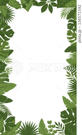 Tropical green leaves border frame. Vector jungle foliage background with white copy space 136571592