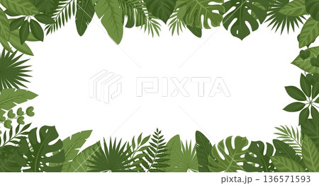 Tropical green leaves border frame. Vector jungle foliage background with white copy space 136571593