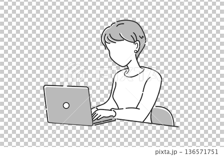 Woman working on laptop, upper body, faceless, simple, gray Woman working on laptop, upper body, faceless, simple, gray 136571751