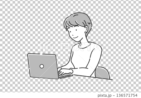 ノートパソコンで仕事をする女性 上半身 笑顔 シンプル グレー 136571754