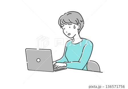 ノートパソコンで仕事をする女性 上半身 困り顔 シンプル 青 グレー 136571756