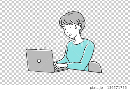 ノートパソコンで仕事をする女性 上半身 困り顔 シンプル 青 グレー 136571756