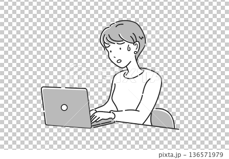 女人正在使用筆記型電腦，上半身，面露憂慮，畫面簡潔，灰色 136571979