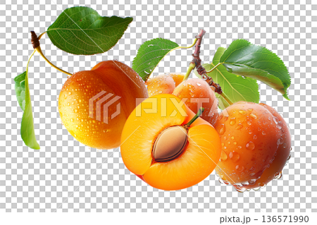 Juicy whole and halved apricots with green leaves and water droplets, on white background, concept of freshness and healthy eating 136571990