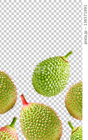 Multiple green durian fruits with sharp spikes arranged in a seamless pattern isolated on white background 136571991