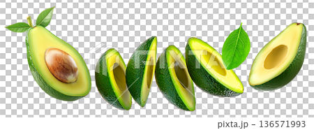 Whole and halved ripe avocados with green leaves, isolated on white background. Concept of fresh organic tropical fruit 136571993