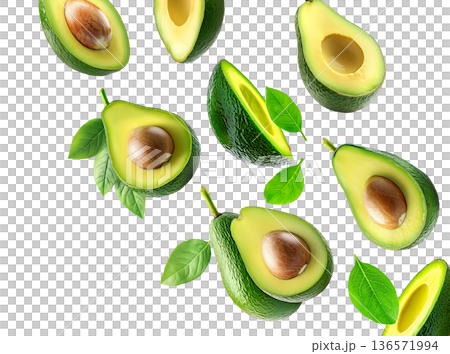 Whole and halved ripe avocados with green leaves, isolated on white background. Concept of fresh organic tropical fruit 136571994