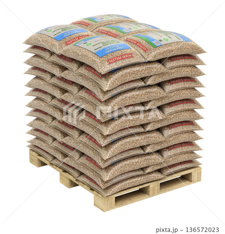 Pellet bags with abstract label isolated on the white background - 3d illustration 136572023