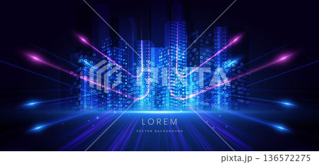 Futuristic glowing night cityscape on dark blue background with lighting effect and sparkle. Futuristic glowing night cityscape on dark blue background with lighting effect and sparkle. 136572275