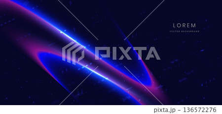 Futuristic glowing blue and pink curve ray with square pattern on dark blue background. 136572276
